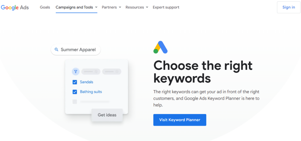 keyword planner page screenshot